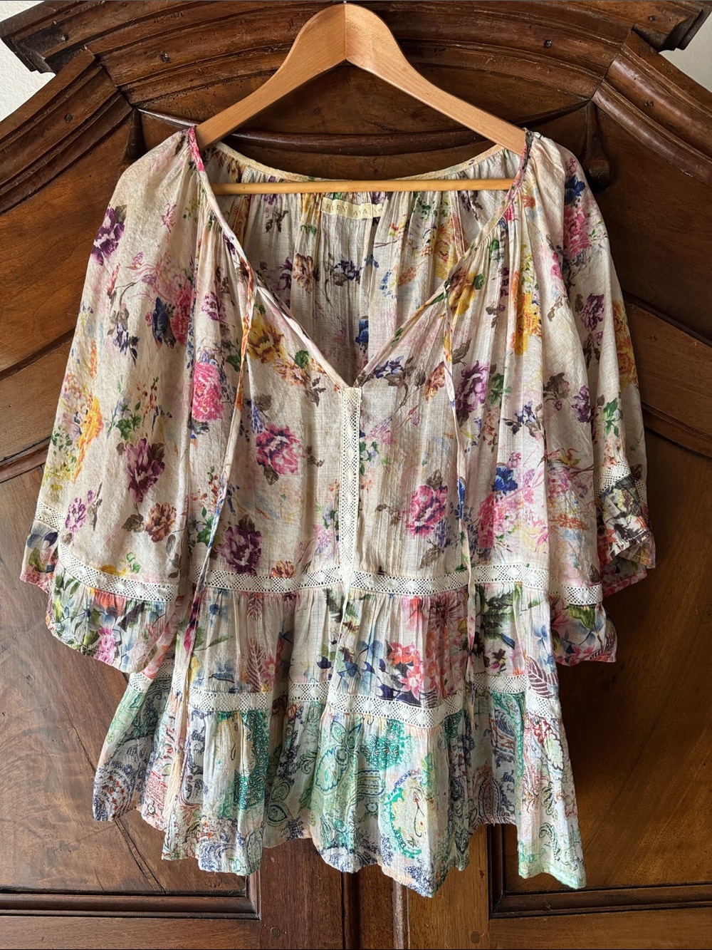 Bohemian Floral Peasant Blouse - Cream Multicolor
